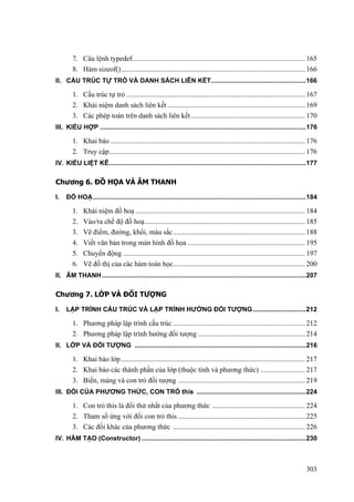 7. Câu lệnh typedef................................................................................................. 165
8. Hàm sizeof()....................................................................................................... 166
II. CẤU TRÚC TỰ TRỎ VÀ DANH SÁCH LIÊN KẾT....................................................166
1. Cấu trúc tự trỏ .................................................................................................... 167
2. Khái niệm danh sách liên kết ............................................................................. 169
3. Các phép toán trên danh sách liên kết................................................................ 170
III. KIỂU HỢP .................................................................................................................176
1. Khai báo ............................................................................................................. 176
2. Truy cập.............................................................................................................. 176
IV. KIỂU LIỆT KÊ............................................................................................................177
Chương 6. ĐỒ HỌA VÀ ÂM THANH
I. ĐỒ HOẠ.....................................................................................................................184
1. Khái niệm đồ hoạ ............................................................................................... 184
2. Vào/ra chế độ đồ hoạ.......................................................................................... 185
3. Vẽ điểm, đường, khối, màu sắc.......................................................................... 188
4. Viết văn bản trong màn hình đồ họa .................................................................. 195
5. Chuyển động ...................................................................................................... 197
6. Vẽ đồ thị của các hàm toán học.......................................................................... 200
II. ÂM THANH................................................................................................................207
Chương 7. LỚP VÀ ĐỐI TƯỢNG
I. LẬP TRÌNH CẤU TRÚC VÀ LẬP TRÌNH HƯỚNG ĐỐI TƯỢNG.............................212
1. Phương pháp lập trình cấu trúc .......................................................................... 212
2. Phương pháp lập trình hướng đối tượng ............................................................ 214
II. LỚP VÀ ĐỐI TƯỢNG ..............................................................................................216
1. Khai báo lớp....................................................................................................... 217
2. Khai báo các thành phần của lớp (thuộc tính và phương thức) ......................... 217
3. Biến, mảng và con trỏ đối tượng ....................................................................... 219
III. ĐỐI CỦA PHƯƠNG THỨC, CON TRỎ this ............................................................224
1. Con trỏ this là đối thứ nhất của phương thức .................................................... 224
2. Tham số ứng với đối con trỏ this ....................................................................... 225
3. Các đối khác của phương thức .......................................................................... 226
IV. HÀM TẠO (Constructor) ..........................................................................................230
303
 