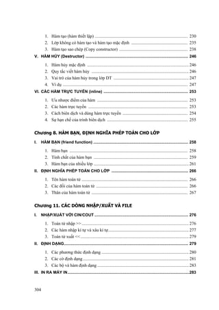 1. Hàm tạo (hàm thiết lập) .................................................................................... 230
2. Lớp không có hàm tạo và hàm tạo mặc định ................................................... 235
3. Hàm tạo sao chép (Copy constructor) .............................................................. 238
V. HÀM HỦY (Destructor) ........................................................................................... 246
1. Hàm hủy mặc định ............................................................................................ 246
2. Quy tắc viết hàm hủy ........................................................................................ 246
3. Vai trò của hàm hủy trong lớp DT .................................................................... 247
4. Ví dụ ................................................................................................................. 247
VI. CÁC HÀM TRỰC TUYẾN (inline) ........................................................................... 253
1. Ưu nhược điểm của hàm .................................................................................. 253
2. Các hàm trực tuyến .......................................................................................... 253
3. Cách biên dịch và dùng hàm trực tuyến ........................................................... 254
4. Sự hạn chế của trình biên dịch ......................................................................... 255
Chương 8. HÀM BẠN, ĐỊNH NGHĨA PHÉP TOÁN CHO LỚP
I. HÀM BẠN (friend function) .................................................................................... 258
1. Hàm bạn ........................................................................................................... 258
2. Tính chất của hàm bạn ..................................................................................... 259
3. Hàm bạn của nhiều lớp ...................................................................................... 261
II. ĐỊNH NGHĨA PHÉP TOÁN CHO LỚP .................................................................... 266
1. Tên hàm toán tử ................................................................................................ 266
2. Các đối của hàm toán tử ................................................................................... 266
3. Thân của hàm toán tử ....................................................................................... 267
Chương 11. CÁC DÒNG NHẬP/XUẤT VÀ FILE
I. NHẬP/XUẤT VỚI CIN/COUT ................................................................................... 276
1. Toán tử nhập >>................................................................................................. 276
2. Các hàm nhập kí tự và xâu kí tự......................................................................... 277
3. Toán tử xuất <<.................................................................................................. 279
II. ĐỊNH DẠNG.............................................................................................................. 279
1. Các phương thức định dạng ............................................................................... 280
2. Các cờ định dạng................................................................................................ 281
3. Các bộ và hàm định dạng................................................................................... 283
III. IN RA MÁY IN............................................................................................................283
304
 