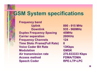 GSM System specifications
  Frequency band
           Uplink                890 - 915 MHz
           Downlink              935 - 960MHz
  Duplex Frequency Spacing       45MHz
  Carrier separation             200KHz
  Frequency Channels             124
  Time Slots /Frame(Full Rate)   8
  Voice Coder Bit Rate           13Kbps
  Modulation                     GMSK
  Air transmission rate          270.833333 Kbps
  Access method                  FDMA/TDMA
  Speech Coder                   RPE-LTP-LPC
                                                   20
 