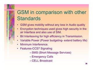 GSM in comparison with other
Standards
• GSM gives mobility without any loss in Audio quality
• Encryption techniques used gives high security in the
  air Interface and also use of SIM.
• Bit Interleaving for high efficiency in Transmission.
• Variable Power (Power budgeting- extend battery life)
• Minimum Interference.
• Features-CCS7 Signaling
           – SMS (Short Message Services)
           – Emergency Calls
           – CELL Broadcast
                                                     34
 
