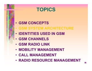 TOPICS

•   GSM CONCEPTS
•   GSM SYSTEM ARCHITECTURE
•   IDENTITIES USED IN GSM
•   GSM CHANNELS
•   GSM RADIO LINK
•   MOBILITY MANAGEMENT
•   CALL MANAGEMENT
•   RADIO RESOURCE MANAGEMENT   35
 