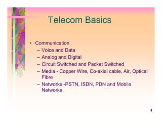 Telecom Basics

• Communication
   – Voice and Data
   – Analog and Digital
   – Circuit Switched and Packet Switched
   – Media - Copper Wire, Co-axial cable, Air, Optical
     Fibre
   – Networks -PSTN, ISDN, PDN and Mobile
     Networks



                                                         4
 