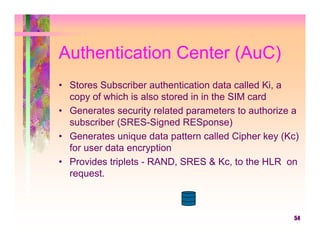 Authentication Center (AuC)
• Stores Subscriber authentication data called Ki, a
  copy of which is also stored in in the SIM card
• Generates security related parameters to authorize a
  subscriber (SRES-Signed RESponse)
• Generates unique data pattern called Cipher key (Kc)
  for user data encryption
• Provides triplets - RAND, SRES & Kc, to the HLR on
  request.



                                                    54
 