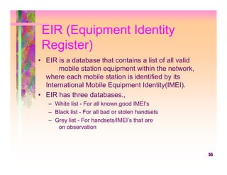 EIR (Equipment Identity
 Register)
• EIR is a database that contains a list of all valid
       mobile station equipment within the network,
  where each mobile station is identified by its
  International Mobile Equipment Identity(IMEI).
• EIR has three databases.,
   – White list - For all known,good IMEI’s
   – Black list - For all bad or stolen handsets
   – Grey list - For handsets/IMEI’s that are
      on observation



                                                        55
 