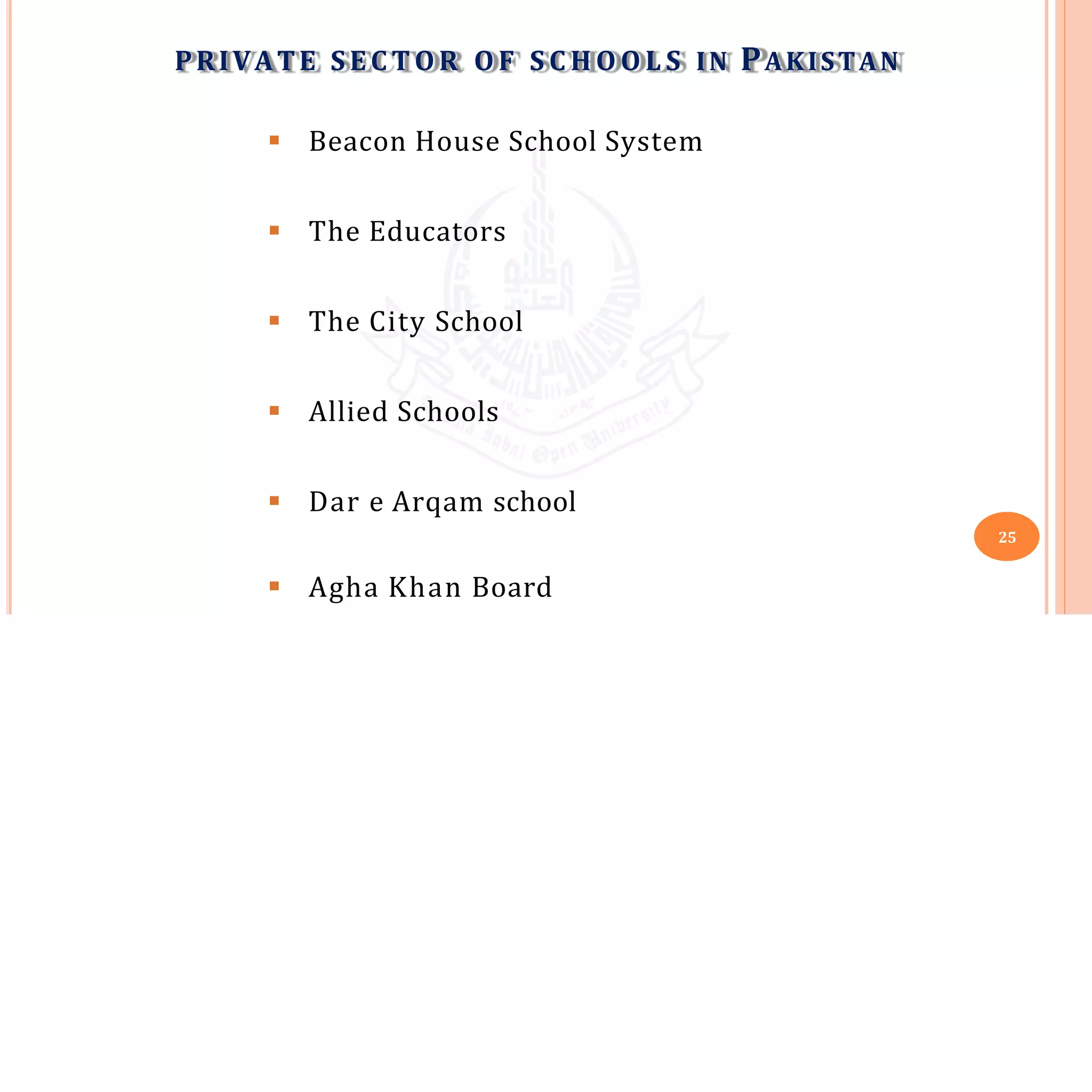  Beacon House School System
 The Educators
 The City School
 Allied Schools
 Dar e Arqam school
PRIVATE S EC T OR OF S C H O O L S IN PAKISTAN
25
 Agha Khan Board
 