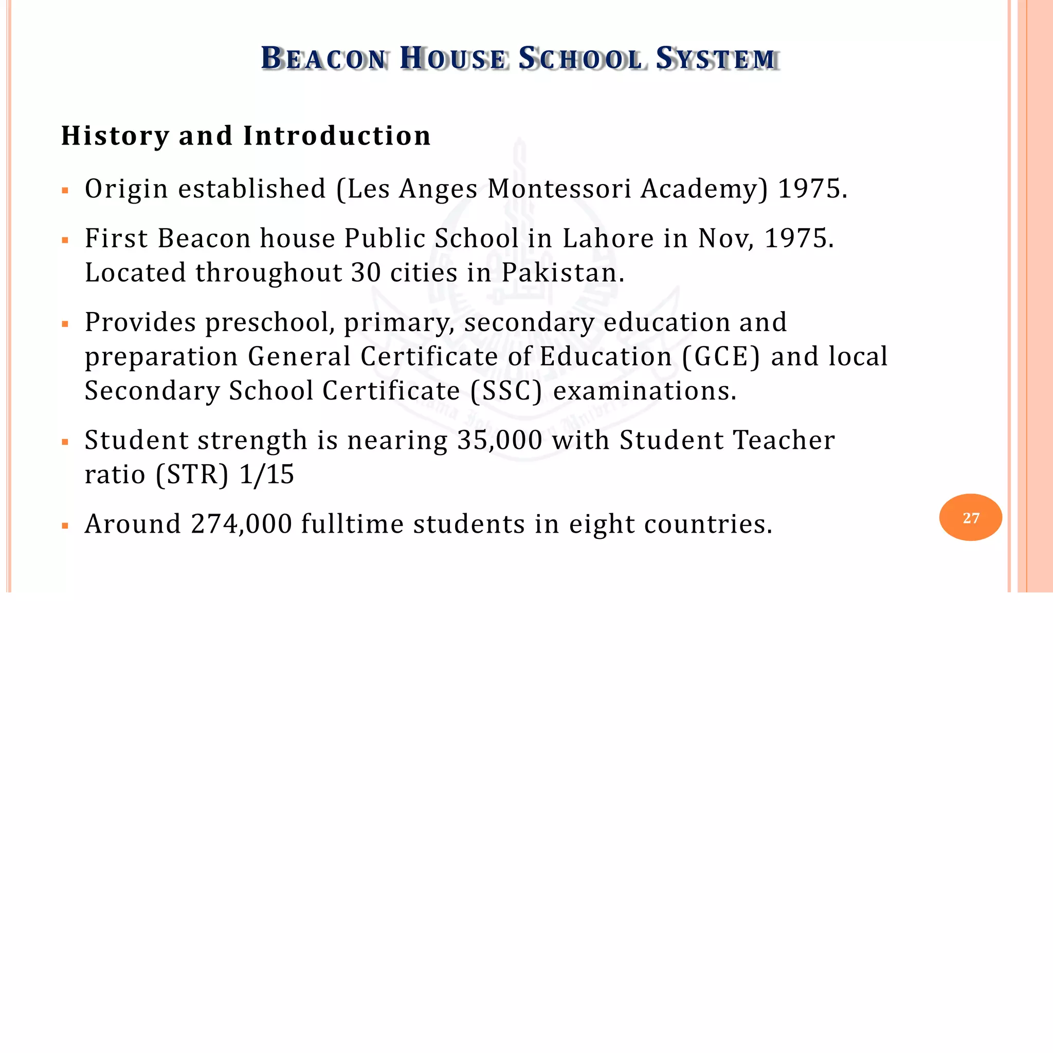 History and Introduction
 Origin established (Les Anges Montessori Academy) 1975.
 First Beacon house Public School in Lahore in Nov, 1975.
Located throughout 30 cities in Pakistan.
 Provides preschool, primary, secondary education and
preparation General Certificate of Education (GCE) and local
Secondary School Certificate (SSC) examinations.
 Student strength is nearing 35,000 with Student Teacher
ratio (STR) 1/15
 Around 274,000 fulltime students in eight countries. 27
BE A C O N HO U S E SC H O O L SYSTEM
 