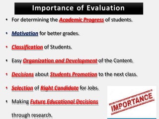 Importance of Evaluation
• For determining the Academic Progress of students.
• Motivation for better grades.
• Classification of Students.
• Easy Organization and Development of the Content.
• Decisions about Students Promotion to the next class.
• Selection of Right Candidate for Jobs.
• Making Future Educational Decisions
through research.