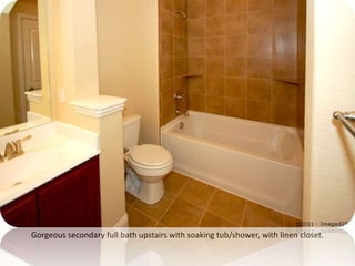 Gorgeous secondary full bath upstairs with soaking tub/shower, with linen closet.