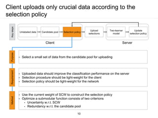 Client uploads only crucial data according to the
selection policy
Unlabeled data
Keysteps
Candidate pool Selection policy
Upload
selections
Two-learner
model
Update
selection policy
Client Server
PurposeMethod
• Select a small set of data from the candidate pool for uploading
Requirement
• Uploaded data should improve the classification performance on the server
• Selection procedure should be light-weight for the client
• Selection policy should be light-weight for the network
• Use the current weight of SCW to construct the selection policy
• Optimize a submodular function consists of two criterions
• Uncertainty w.r.t. SCW
• Redundancy w.r.t. the candidate pool
10
 