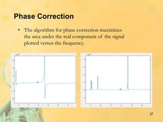 Phase Correction
• The algorithm for phase correction maximizes
the area under the real component of the signal
plotted versus the frequency.
37
 