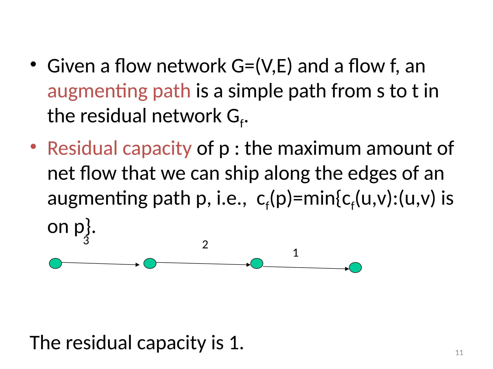 11
• Given a flow network G=(V,E) and a flow f, an
augmenting path is a simple path from s to t in
the residual network Gf.
• Residual capacity of p : the maximum amount of
net flow that we can ship along the edges of an
augmenting path p, i.e., cf(p)=min{cf(u,v):(u,v) is
on p}.
The residual capacity is 1.
1
2
3
 
