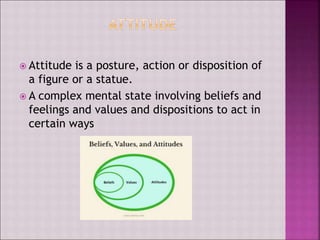  Attitude is a posture, action or disposition of
a figure or a statue.
 A complex mental state involving beliefs and
feelings and values and dispositions to act in
certain ways
 