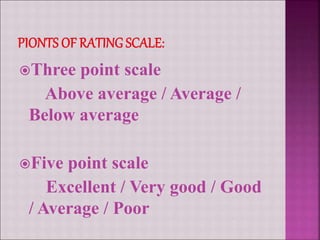 Three point scale
Above average / Average /
Below average
Five point scale
Excellent / Very good / Good
/ Average / Poor
 