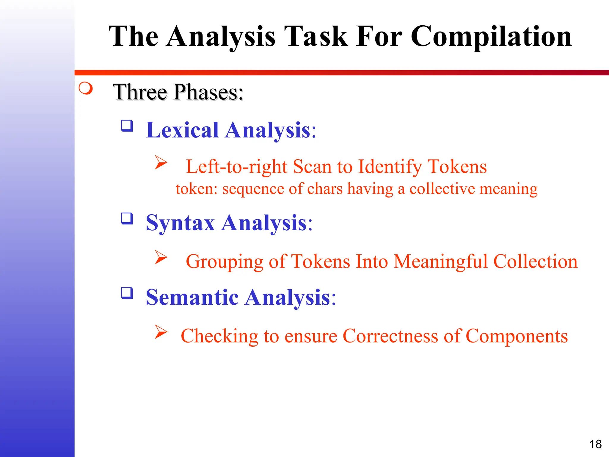 18  Three Phases: Three Phases:  Lexical Analysis:  Left-to-right Scan to Identify Tokens token: sequence of chars having a collective meaning  Syntax Analysis:  Grouping of Tokens Into Meaningful Collection  Semantic Analysis:  Checking to ensure Correctness of Components The Analysis Task For Compilation 