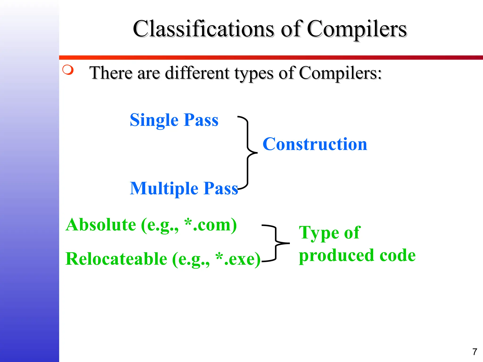 7 Classifications of Compilers Classifications of Compilers  There are different types of Compilers: There are different types of Compilers: Single Pass Multiple Pass Construction Absolute (e.g., *.com) Relocateable (e.g., *.exe) Type of produced code 