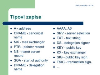 DNS (T-Mobile) - str. 39
Tipovi zapisa
 A - address
 CNAME - canonical
name
 MX - mail exchanger
 PTR - pointer record
 NS - name server
record
 SOA - start of authority
 DNAME - delegation
name
 AAAA, A6
 SRV - server selection
 TXT - text string
 DS - delegation signer
 KEY - public key
 KX - key exchanger
 SIG - public key sign.
 TSIG - transaction sign.
 ...
 
