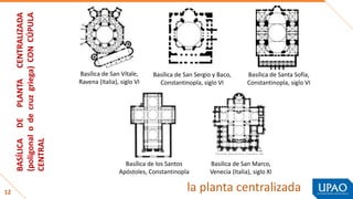 12 la planta centralizada
BASÍLICA
DE
PLANTA
CENTRALIZADA
(poligonal
o
de
cruz
griega)
CON
CÚPULA
CENTRAL
Basílica de San Sergio y Baco,
Constantinopla, siglo VI
Basílica de San Vítale,
Ravena (Italia), siglo VI
Basílica de Santa Sofía,
Constantinopla, siglo VI
Basílica de San Marco,
Venecia (Italia), siglo XI
Basílica de los Santos
Apóstoles, Constantinopla
 
