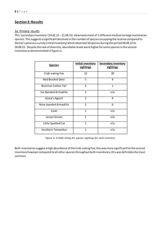 6 | P a g e
Section3:Results
3a. Primary results
This‘secondaryinventory’(14.02.15– 21.04.15) observedatotal of 5 differentmediumtolarge mammalian
species.Thissuggestsasignificantdecreaseinthe numberof speciesoccupyingthe reservecomparedto
Declan’sprevious survey(initialinventory) whichobserved10speciesduringthe period 04.04.12 to
20.06.12. Despite the lackof diversity,abundance levelswere higherforsome speciesinthe second
inventoryasdemonstratedinfigureiv.
Species
Initial inventory
sightings
Secondary inventory
sightings
Crab-eating Fox 12 20
Red Brocket Deer 5 4
Brazilian Cotton Tail 4 1
Six-Banded Armadillo 3 n/a
Azara’s Agouti 2 4
Nine-banded Armadillo 2 6
Coati 2 n/a
Lesser Grison 1 n/a
Little Spotted Cat 1 n/a
Southern Tamandua 1 n/a
Both inventoriessuggestahighabundance of the Crab-eatingFox;thiswasmore significantforthe second
inventoryhowevercomparedtoall otherspeciesthroughoutbothinventories,thiswasdefinitelythe most
common.
Figure iv: A table listing the species sightings for each inventory
 