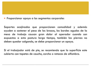  Proporcionar apoyo a los segmentos corporales


Soportes acojinados que proporcionen comodidad y además
ayuden a sostener el peso de los brazos, los bordes agudos de la
mesa de trabajo causan gran dolor al operador cuando son
expuestos a esta postura largo tiempo, también las piernas no
deben quedar colgando, se debe proporcionar un apoyo.

Si el trabajador está de pie, se recomienda que la superficie este
cubierta con tapetes de caucho, corcho o retazos de alfombra.
 