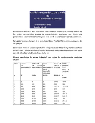 Para obtener la fórmula de la vida útil de un activo en un proyecto, se parte del análisis de
los costos incrementales anuales de mantenimiento, asumiendo que tienen una
pendiente de crecimiento constante y que en el año 1, su valor es cero por obvias razones.

Para poder explicar el origen de la fórmula del Costo Total de Mantenimiento, se parte de
un ejemplo:

La inversión inicial de un activo productivo (máquina) es de 10000 USD y el análisis se hace
para 10 años, con una tasa de crecimiento anual constante para mantenimiento que inicia
con 400 al final del año 1 hasta llegar al año 10.

Historia económica del activo (máquina) con costos de mantenimiento crecientes
anuales
 