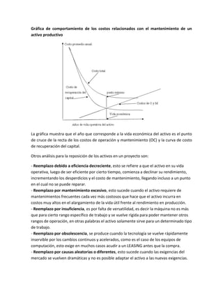 Gráfica de comportamiento de los costos relacionados con el mantenimiento de un
activo productivo




La gráfica muestra que el año que corresponde a la vida económica del activo es el punto
de cruce de la recta de los costos de operación y mantenimiento (OC) y la curva de costo
de recuperación del capital.

Otros análisis para la reposición de los activos en un proyecto son:

- Reemplazo debido a eficiencia decreciente, esto se refiere a que el activo en su vida
operativa, luego de ser eficiente por cierto tiempo, comienza a declinar su rendimiento,
incrementando los desperdicios y el costo de mantenimiento, llegando incluso a un punto
en el cual no se puede reparar.
- Reemplazo por mantenimiento excesivo, esto sucede cuando el activo requiere de
mantenimientos frecuentes cada vez más costosos que hace que el activo incurra en
costos muy altos en el alargamiento de la vida útil frente al rendimiento en producción.
- Reemplazo por insuficiencia, es por falta de versatilidad, es decir la máquina no es más
que para cierto rango específico de trabajo y se vuelve rígida para poder mantener otros
rangos de operación, en otras palabras el activo solamente sirve para un determinado tipo
de trabajo.
- Reemplazo por obsolescencia, se produce cuando la tecnología se vuelve rápidamente
inservible por los cambios continuos y acelerados, como es el caso de los equipos de
computación, esto exige en muchos casos acudir a un LEASING antes que la compra.
- Reemplazo por causas aleatorias o diferentes, esto sucede cuando las exigencias del
mercado se vuelven dramáticas y no es posible adaptar el activo a las nuevas exigencias.
 