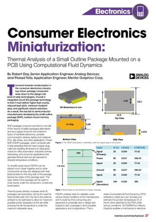 mentor.com/mechanical 27
Table 1. Board stack-up and percent of copper coverage.
Figure 1. The PSOP dimensions in millimeters, with the copper slug on the bottom.
he trend towards miniaturization in
the consumer electronics industry
has driven package component
sizes down to the design-rule
level of early technologies. Crucial in
integrated circuit (IC) package technology
is that it must deliver higher lead counts,
reduced lead pitch, minimum footprint
area, and significant volume reduction.
As a result, this has led to semiconductor
manufacturers developing the small outline
package (SOP), surface-mount memory
packaging.
SOP packages consume one-third to one-half
of the volume of earlier packaging alternatives
and are a logical choice for the small form
factor of handheld electronics, portable
communication devices, laptop and notebook
PCs, disk drives, and other applications. Power
SOP (PSOP) packages, when combined with
a heat spreading thermal mass (copper slug),
make the resulting dimensions an ideal good
choice for office automation, industrial controls,
networking, and consumer applications that
generate internal heat and are exposed to
stressful temperature conditions.
To simplify board layout PSOPs can be
placed much closer together and to other
components as they are designed with their
leads located on the long side of the package,
leaving two sides of the package open. The
open sides of the package can be used to
route traces under the component, conserving
board layers.
Thermal power density increases when IC
packages are downsized, driving the need for
heat-transfer path from the die to the external
ambient to be optimized to allow for maximum
possible power dissipation at the die while
ensuring the die temperature is under the
maximum allowable value.
T
Consumer Electronics
Miniaturization:
Thermal Analysis of a Small Outline Package Mounted on a
PCB Using Computational Fluid Dynamics
By Robert Day, Senior Application Engineer,Analog Devices;
and Prasad Tota,Application Engineer, Mentor Graphics Corp.
PSOPs undergo tests for reliability under
various stress conditions at the manufacturer,
and it would be time-consuming and
expensive to physically test or design test
boards to test a package in all its possible
applications and configurations. This is
where Computational Fluid Dynamics (CFD)
software is useful as it can simulate and
estimate the junction temperature (Tj
) of
the IC when attached to the PCB under
various conditions. FloTHERM from Mentor
Graphics enables a mechanical or electrical
Electronics
 