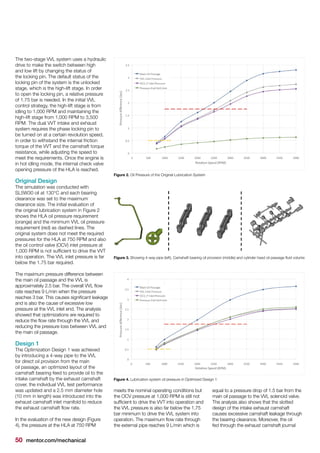 50 mentor.com/mechanical
The two-stage VVL system uses a hydraulic
drive to make the switch between high
and low lift by changing the status of
the locking pin. The default status of the
locking pin of the system is the unlocked
stage, which is the high-lift stage. In order
to open the locking pin, a relative pressure
of 1.75 bar is needed. In the initial VVL
control strategy, the high-lift stage is from
idling to 1,000 RPM and maintaining the
high-lift stage from 1,000 RPM to 3,500
RPM. The dual VVT intake and exhaust
system requires the phase locking pin to
be turned on at a certain revolution speed,
in order to withstand the internal friction
torque of the VVT and the camshaft torque
resistance, while adjusting the speed to
meet the requirements. Once the engine is
in hot idling mode, the internal check valve
opening pressure of the HLA is reached.
Original Design
The simulation was conducted with
SL5W30 oil at 130°C and each bearing
clearance was set to the maximum
clearance size. The initial evaluation of
the original lubrication system in Figure 2
shows the HLA oil pressure requirement
(orange) and the minimum VVL oil pressure
requirement (red) as dashed lines. The
original system does not meet the required
pressures for the HLA at 750 RPM and also
the oil control valve (OCV) inlet pressure at
1,000 RPM is not sufficient to drive the VVT
into operation. The VVL inlet pressure is far
below the 1.75 bar required.
The maximum pressure difference between
the main oil passage and the VVL is
approximately 2.5 bar. The overall VVL flow
rate reaches 9 L/min when the pressure
reaches 3 bar. This causes significant leakage
and is also the cause of excessive low
pressure at the VVL inlet end. The analysis
showed that optimizations are required to
reduce the flow rate through the VVL and
reducing the pressure loss between VVL and
the main oil passage.
Design 1
The Optimization Design 1 was achieved
by introducing a 4-way pipe to the VVL
for direct oil provision from the main
oil passage, an optimized layout of the
camshaft bearing feed to provide oil to the
intake camshaft by the exhaust camshaft
cover, the individual VVL test performance
was updated and a 2.5 mm diameter hole
(10 mm in length) was introduced into the
exhaust camshaft inlet manifold to reduce
the exhaust camshaft flow rate.
In the evaluation of the new design (Figure
4), the pressure at the HLA at 750 RPM
meets the nominal operating conditions but
the OCV pressure at 1,000 RPM is still not
sufficient to drive the VVT into operation and
the VVL pressure is also far below the 1.75
bar minimum to drive the VVL system into
operation. The maximum flow rate through
the external pipe reaches 9 L/min which is
equal to a pressure drop of 1.5 bar from the
main oil passage to the VVL solenoid valve.
The analysis also shows that the slotted
design of the intake exhaust camshaft
causes excessive camshaft leakage through
the bearing clearance. Moreover, the oil
fed through the exhaust camshaft journal
Figure 2. Oil Pressure of the Original Lubrication System
Figure 3. Showing 4-way pipe (left), Camshaft bearing oil provision (middle) and cylinder head oil passage fluid volume
Figure 4. Lubrication system oil pressure in Optimized Design 1
 