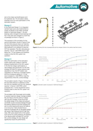 mentor.com/mechanical 51
slot to the intake camshaft leaves room
for hysteresis risk. The simulation clearly
indicates room for more optimization of the
lubrication system.
Design 2
In the Optimized Design 2, an integrated
cylinder head cover was implemented to
supply oil directly to the intake camshaft
based on Optimized Design 1, the slot
bearings were changed to bore bearings and
the 4-way pipe was changed to a bolt hole
oil passage as shown in Figure 5.
The evaluation of the simulation for the
second optimization shows in Figure 6 that
the HLA inlet pressure does not meet the
operating requirements and also the OCV
inlet pressure is not sufficient to drive the
VVT into operation. The VVL inlet pressure
reaches 1 bar at 1,000 RPM which is still
below the 1.75 bar baseline and therefore
unable to drive the VVL system into
operation.
Design 3
Since the optimization of the lubrication
system piping was unable to meet the
pressure requirements of the VVL system
in the first two design optimizations, a
new strategy was introduced. For the new
strategy the initial PCJ spray pressure was
adjusted to 2 bar, the VVT system was
upgraded to an electronic controlled system
and the oil pressure setting of 1.75 bar
was increased to 1,500 RPM to meet the
requirements of the VVL control strategy.
The simulation results in Figure 7 shows that
the HLA inlet pressure is sufficient to drive
the HLA into operation and the VVL pressure
reaches 1.9 bar at 1,500 RPM, which
surpasses the 1.75 bar requirement and is
therefore able to drive the VVL system into
operation.
The simulation with Flowmaster and its ability
to quickly implement design changes enabled
Wu and Yang to find the optimum design
with only few changes. It was found that
the slotted design of the intake and exhaust
camshafts causes excessive leakage through
the bearing clearance and that changing the
slot to a bore bearing will reduce the reliance
on an oil pump. It also showed that an
external oil passage with an elongated design
will cause a high pressure loss for high flow
rates. With some adjustments of the system
such as the PCJ spray pressure, the adoption
of an electronically controlled VVT and the
VVL control strategy, the new design will
significantly impact the performance.
Figure 7. Lubrication system oil pressure in Optimized Design 3
Figure 6. Lubrication system oil pressure in Optimized Design 2
Figure 5. Showing bolt hole oil passage (left) and the changed oil feed in the cylinder head fluid volume.
Automotive
 