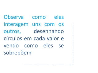 Observa como eles
interagem uns com os
outros, desenhando
círculos em cada valor e
vendo como eles se
sobrepõem
 