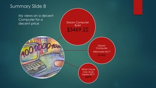 Summary Slide 8
Dream Computer
Build
$3469.22
Dream
Computer
Alienware Mx17
($1500)
What I Have
now Acer
Aspire 5517
($299)
My views on a decent
Computer for a
decent price
 