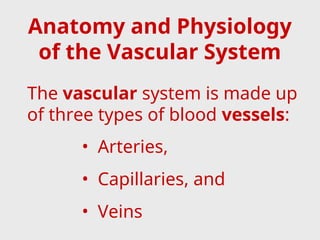 Anatomy and Physiology
of the Vascular System
The vascular system is made up
of three types of blood vessels:
• Arteries,
• Capillaries, and
• Veins
 