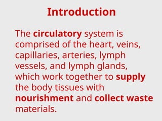 Introduction
The circulatory system is
comprised of the heart, veins,
capillaries, arteries, lymph
vessels, and lymph glands,
which work together to supply
the body tissues with
nourishment and collect waste
materials.
 