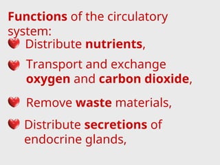 Functions of the circulatory
system:
Distribute nutrients,
Transport and exchange
oxygen and carbon dioxide,
Remove waste materials,
Distribute secretions of
endocrine glands,
 