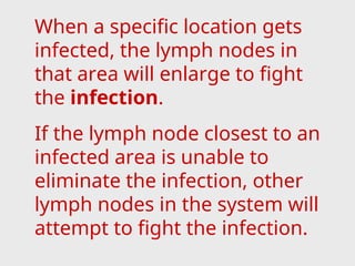 When a specific location gets
infected, the lymph nodes in
that area will enlarge to fight
the infection.
If the lymph node closest to an
infected area is unable to
eliminate the infection, other
lymph nodes in the system will
attempt to fight the infection.
 