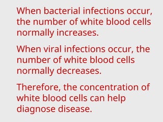 When bacterial infections occur,
the number of white blood cells
normally increases.
When viral infections occur, the
number of white blood cells
normally decreases.
Therefore, the concentration of
white blood cells can help
diagnose disease.
 