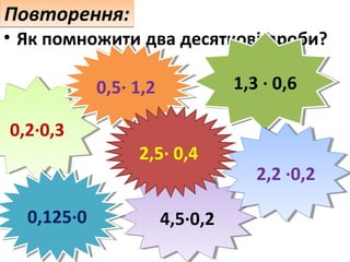 Повторення:

• Як помножити два десяткові дроби?
1,3 ·· 0,6
1,3 0,6

0,5· 1,2
0,5· 1,2
0,2·0,3
0,2·0,3

0,125·0
0,125·0

2,5· 0,4
4,5·0,2
4,5·0,2

2,2 ·0,2
2,2 ·0,2

 