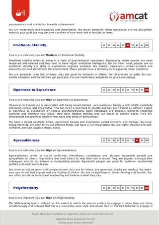 perseverance and orientation towards achievement.
You are moderately well-organized and dependable. You would generally follow processes and be disciplined
towards your goal, but may become carefree of your work and schedules at times.
Emotional Stability
Your score indicates you are Medium on Emotional Stability.
Emotional stability refers to being in a state of psychological steadiness. Emotionally stable people are even
tempered and relaxed and they tend to have higher emotional intelligence. On the other hand, people low on
emotional stability are likely to experience negative emotions like anxiety, depression, embarrassment and
insecurity on small stimuli from the environment. These people have a tendency to exaggerate minor mutations.
You are generally calm, but, at times, may get upset by behavior of others, feel depressed or guilty. You can
handle situations well but at times get panicked. You are moderately adaptable to your surroundings.
Openness to Experience
Your score indicates you are High on Openness to Experience.
Openness to Experience is associated with being broad-minded, unconventional, having a rich artistic sensitivity
and being curious and imaginative. This has been a trait hard to identify and has been called as intellect, culture
or openness to experience by various psychometricians. Open individuals are creative, willing to challenge
authority and entertain new ideas. They have intuitive thinking and can adapt to change easily. They are
progressive and prefer to explore new ways and ideas of doing things.
You have a strong aesthetic sense, appreciate beauty and experience varied emotions and feelings. You have
broad interests, are keen to try out different things and have a rich imagination. You are highly creative and self-
confident, and can visualize things easily.
Agreeableness
Your score indicates you are High on Agreeableness.
Agreeableness refers to social conformity, friendliness, compliance and altruism. Agreeable people are
sympathetic to others, help others and trust others to help them too in return. They are popular amongst their
colleagues and do not believe in manipulating people. Agreeable people are good for customer relationship
profiles and work well in teams.
You come across as warm and compassionate. You care for others, are generous, helpful and modest. You make
sure you do not hurt anyone and are trusting of others. You are straightforward, understanding and humble. You
see other people as honest and trustworthy and believe in what they say.
Polychronicity
Your score indicates you are High on Polychronicity.
The Multi-tasking trait is defined as the extent to which the person prefers to engage in more than one tasks
simultaneously and believes that this is a productive work style. Individuals high on this trait shall like to engage in
 