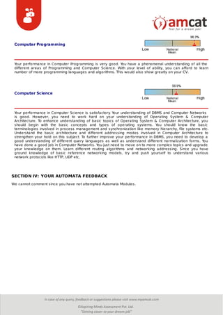 Computer Programming
Computer Science
Your performance in Computer Programming is very good. You have a phenomenal understanding of all the
different areas of Programming and Computer Science. With your level of ability, you can afford to learn
number of more programming languages and algorithms. This would also show greatly on your CV.
Your performance in Computer Science is satisfactory. Your understanding of DBMS and Computer Networks
is good. However, you need to work hard on your understanding of Operating System & Computer
Architecture. To enhance understanding of basic topics of Operating System & Computer Architecture, you
should begin with the basic concepts and types of operating systems. You should know the basic
terminologies involved in process management and synchronization like memory hierarchy, file systems etc.
Understand the basic architecture and different addressing modes involved in Computer Architecture to
strengthen your hold on this subject. To further improve your performance in DBMS, you need to develop a
good understanding of different query languages as well as understand different normalization forms. You
have done a good job in Computer Networks. You just need to move on to more complex topics and upgrade
your knowledge on them. Learn different routing algorithms and networking addressing. Since you have
ground knowledge of basic reference networking models, try and push yourself to understand various
network protocols like HTTP, UDP etc.
SECTION IV: YOUR AUTOMATA FEEDBACK
We cannot comment since you have not attempted Automata Modules.
 