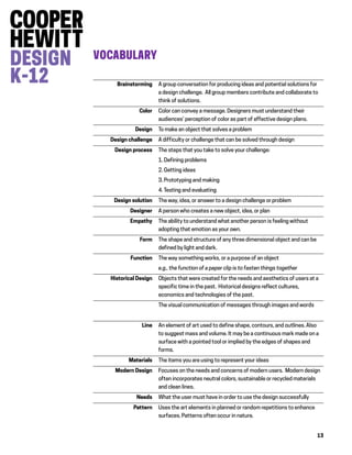 13
VOCABULARY
Brainstorming A group conversation for producing ideas and potential solutions for
a design challenge. All group members contribute and collaborate to
think of solutions.
Color Color can convey a message. Designers must understand their
audiences’ perception of color as part of effective design plans.
Design To make an object that solves a problem
Design challenge A difficulty or challenge that can be solved through design
Design process The steps that you take to solve your challenge:
1. Defining problems
2. Getting ideas
3. Prototyping and making
4. Testing and evaluating
Design solution The way, idea, or answer to a design challenge or problem
Designer A person who creates a new object, idea, or plan
Empathy The ability to understand what another person is feeling without
adopting that emotion as your own.
Form The shape and structure of any three dimensional object and can be
defined by light and dark.
Function The way something works, or a purpose of an object
e.g., the function of a paper clip is to fasten things together
Historical Design Objects that were created for the needs and aesthetics of users at a
specific time in the past. Historical designs reflect cultures,
economics and technologies of the past.
The visual communication of messages through images and words
Line An element of art used to define shape, contours, and outlines. Also
to suggest mass and volume. It may be a continuous mark made on a
surface with a pointed tool or implied by the edges of shapes and
forms.
Materials The items you are using to represent your ideas
Modern Design Focuses on the needs and concerns of modern users. Modern design
often incorporates neutral colors, sustainable or recycled materials
and clean lines.
Needs What the user must have in order to use the design successfully
Pattern Uses the art elements in planned or random repetitions to enhance
surfaces. Patterns often occur in nature.
 