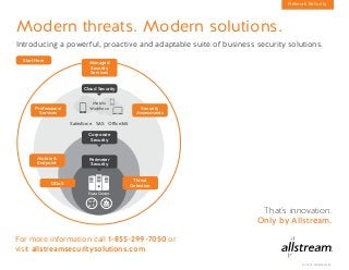 Salesforce SAS Office365
Mobile
Workforce
Data Center
Modern threats. Modern solutions.
Introducing a powerful, proactive and adaptable suite of business security solutions.
For more information call 1-855-299-7050 or
visit allstreamsecuritysolutions.com
ACO100 © Allstream Inc.
That’s innovation.
Only by Allstream.
Network Security
Cloud Security
Corporate
Security
Perimeter
Security
Threat
Detection
Security
Assessments
Professional
Services
Mobile 
Endpoint
DDoS
Managed
Security
Services
Start Here
 