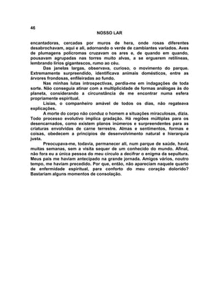 46
NOSSO LAR
encantadoras, cercadas por muros de hera, onde rosas diferentes
desabrochavam, aqui e ali, adornando o verde de cambiantes variados. Aves
de plumagens policromas cruzavam os ares e, de quando em quando,
pousavam agrupadas nas torres muito alvas, a se erguerem retilíneas,
lembrando lírios gigantescos, rumo ao céu.
Das janelas largas, observava, curioso, o movimento do parque.
Extremamente surpreendido, identificava animais domésticos, entre as
árvores frondosas, enfileiradas ao fundo.
Nas minhas lutas introspectivas, perdia-me em indagações de toda
sorte. Não conseguia atinar com a multiplicidade de formas análogas às do
planeta, considerando a circunstância de me encontrar numa esfera
propriamente espiritual.
Lísias, o companheiro amável de todos os dias, não regateava
explicações.
A morte do corpo não conduz o homem a situações miraculosas, dizia.
Todo processo evolutivo implica gradação. Há regiões múltiplas para os
desencarnados, como existem planos inúmeros e surpreendentes para as
criaturas envolvidas de carne terrestre. Almas e sentimentos, formas e
coisas, obedecem a princípios de desenvolvimento natural e hierarquia
justa.
Preocupava-me, todavia, permanecer ali, num parque de saúde, havia
muitas semanas, sem a visita sequer de um conhecido do mundo. Afinal,
não fora eu a única pessoa do meu círculo a decifrar o enigma da sepultura.
Meus pais me haviam antecipado na grande jornada. Amigos vários, noutro
tempo, me haviam precedido. Por que, então, não apareciam naquele quarto
de enfermidade espiritual, para conforto do meu coração dolorido?
Bastariam alguns momentos de consolação.
 