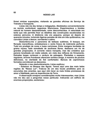 60
NOSSO LAR
firmei minhas suposições, visitando as grandes oficinas do Serviço de
Trânsito e Transporte.
Lísias não me deu tempo a indagações. Aboletados convenientemente
no recinto confortável, seguimos Silenciosos. Experimentava a timidez
natural do homem desambientado, entre desconhecidos. A velocidade era
tanta que não permitia fixar os detalhes das construções escalonadas no
extenso percurso. A distância não era pequena, porque só depois de
quarenta minutos, incluindo ligeiras paradas de três em três quilômetros, me
convidou Lísias a descer, sorridente e calmo.
Deslumbrou-me o panorama de belezas sublimes. O bosque, em
floração maravilhosa, embalsamava o vento fresco de inebriante perfume.
Tudo em prodígio de cores e luzes cariciosas. Entre margens bordadas de
grama viçosa, toda esmaltada de azulíneas flores, deslizava um rio de
grandes proporções. A corrente rolava tranqüila, mas tão cristalina que
parecia tonalizada em matiz celeste, em vista dos reflexos do firmamento.
Estradas largas cortavam a verdura da paisagem. Plantadas a espaços
regulares, árvores frondosas ofereciam sombra amiga, à maneira de pousos
deliciosos, na claridade do Sol confortador. Bancos de caprichosos
formatos convidavam ao descanso.
Notando o meu deslumbramento, Lísias explicou:
- Estamos no Bosque das Águas. Temos aqui uma das mais belas
regiões de "Nosso Lar". Trata-se de um dos locais prediletos para as
excursões dos amantes, que aqui vêm tecer as mais lindas promessas de
amor e fidelidade, para as experiências da Terra.
A observação ensejava considerações muito interessantes, mas Lísias
não me deu azo a perguntas nesse particular. Indicando um edifício de
enormes proporções, esclareceu:
 