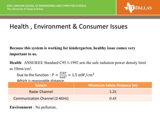 Health , Environment & Consumer Issues
Because this system is working for kindergarten, healthy issue comes very
important to us.
Health: ANSI/IEEE Standard C95.1-1992 sets the safe radiation power density limit
as 10mw/cm2.
Due to the function : 𝑃 =
𝐸𝐼𝑅𝑃
4𝜋𝑅2 = 1.5 m𝑊/𝑐𝑚2
Which is reasonable distance.
Environment : No pollution..
System Minimum Safety Distance (m)
Radar Channel 1.21
Communication Channel (2.4GHz) 0.45
 