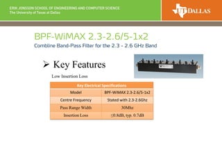  Key Features
Low Insertion Loss
Key Electrical Specifications
Model BPF-WiMAX 2.3-2.6/5-1x2
Centre Frequency Stated with 2.3-2.6Ghz
Pass Range Width 30Mhz
Insertion Loss ≤0.8dB, typ. 0.7dB
 