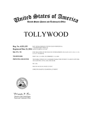 TOLLYWOOD Trademark Owned by TOLLYWOOD magazine