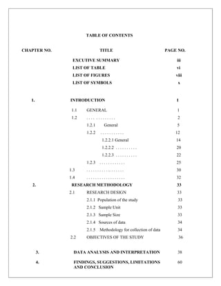 TABLE OF CONTENTS


CHAPTER NO.                      TITLE                                PAGE NO.

               EXCUTIVE SUMMARY                                           iii
               LIST OF TABLE                                              vi
               LIST OF FIGURES                                            viii
               LIST OF SYMBOLS                                             x



   1.         INTRODUCTION                                                1

               1.1   GENERAL                                              1
               1.2   .... .........                                        2
                     1.2.1           General                              5
                     1.2.2        ...........                             12
                                   1.2.2.1 General                        14
                                   1.2.2.2 . . . . . . . . . .            20
                                   1.2.2.3 . . . . . . . . . .            22
                     1.2.3       ............                             25
              1.3    . . . . . . . . . . .. . . . . . .                   30
              1.4    ..................                                   32
   2.          RESEARCH METHODOLOGY                                       33
              2.1    RESEARCH DESIGN                                      33
                     2.1.1 Population of the study                         33
                     2.1.2 Sample Unit                                     33
                     2.1.3 Sample Size                                     33
                     2.1.4 Sources of data                                 34
                     2.1.5       Methodology for collection of data        34
              2.2    OBJECTIVES OF THE STUDY                               36


        3.      DATA ANALYSIS AND INTERPRETATION                           38

        4.      FINDINGS, SUGGESTIONS, LIMITATIONS                         60
                AND CONCLUSION
 