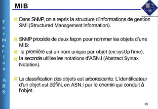 F
o
r
m
a
t
i
o
n
A
R
S
MIB
Dans SNMP,on a repris la structure d'informations de gestion
SMI (Structured Management Information).
SNMPprocède de deux façon pour nommer les objets d'une
MIB:
la première est un nom unique par objet (ex:sysUpTime),
la seconde utilise les notations d'ASN.l (Abstract Syntax
Notation).
La classification des objets est arborescente. L’identificateur
d'un objet est défini, en ASN.l par le chemin qui conduit à
l'objet.
29
 