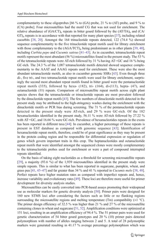 complementarity to these oligoprobes [66 % to (GA) probe, 21 % to (AT) probe, and 9 % to
(CA) probe]. Four microsatellites had the motif CG that was not used for enrichment. The
relative abundance of (GA/CT)n repeats in bitter gourd followed by the (AT/TA)n and (CA/
GT)n repeats is in accordance with that reported for many plant species [37], including related
cucurbits [38, 20]. Amongst the 164 trinucleotide repeats detected, 122 (74.4 %) showed
sequence complementarity to the five trinucleotide repeat motifs used for library enrichment
with those complementary to the (AGA/TCT)n being predominant as in other plants [39, 40],
including Curbita pepo and Cucumis sativus [41–43]. As in cucumber, tetranucleotide repeat
motifs represent the most abundant (56 %) microsatellites found in the present study. The 53 %
of the tetranucleotide repeats were AT-rich followed by 31 % having AT=GC and 16 % being
GC-rich. The 24.3 % of the 1,087 tetranucleotide motifs detected showed sequence comple-
mentarity to the AAAT and AAAG repeats used for enrichment. These were also the most
abundant tetranucleotide motifs, as also in cucumber genomic SSRs [43]. Even though three
di-, five tri-, and two tetranucleotide repeat motifs were used for library enrichment, surpris-
ingly the second most abundant repeat motifs found in bitter gourd were the pentanucleotide
repeat motifs (335), followed by hexa- (182), tri- (164), di-(113), hepta- (47), and
octanucleotide (11) repeats. Comparison of microsatellite repeat motifs across eight plant
species shows that the tetranucleotide or trinucleotide repeats are most prevalent followed
by the dinucleotide repeat motifs [43]. The few numbers of dinucleotide motifs detected in the
present study may be attributed to the high-stringency washes during the enrichment with the
dinucleotide motifs or PCR bias during screening. The 71 % of the pentanucleotide repeats
detected in the present study were AT-rich, and 29 % were GC-rich. Of the 182
hexanucleotides identified in the present study, 56.11 % were AT-rich followed by 27.22 %
with AT=GC, and 16.66 % were GC-rich. Prevalence of hexanucleotides repeats in the exons
has been reported in different taxa [44]. In cucumber, a higher percentage of these repeats is
present in EST database as compared with genomic sequence [43]. Identification of
hexanucleotide repeat motifs, therefore, could be of great significance as they may be present
in the protein coding region and be responsible for differential expression or regulation of
genes which govern important traits in this crop. The heptanucleotides and octanucleotide
repeat motifs that were identified amongst the sequenced clones were mostly complementary
to the tetranucleotide probes used for enrichment or were a part of compound interrupted
repeats identified.
On the basis of taking eight nucleotides as a threshold for screening microsatellite repeats
[29], a majority (93.6 %) of the 1,939 microsatellites identified in the present study were
simple repeats. This is similar to what has been reported in sugarcane, pumpkin, wheat, and
grass pea [41, 45–47] and far greater than 34 % and 41 % reported in Cucumis melo [38, 48].
Perfect repeats have higher mutation rates as compared with imperfect repeats and, hence,
increase variability and evolutionary rates [49]. These loci are therefore more useful for primer
development for diversity analysis studies.
Microsatellites can be easily converted into PCR-based assays promoting their widespread
use as molecular markers for genetic diversity analysis [50]. Primer pairs were designed for
160 new STMS loci after considering the factors such as little or no flanking regions
surrounding the microsatellite regions and melting temperature (Tm) compatibility (±1 °C).
The primer design efficiency of 32.5 % was higher than 21 % and 27 % of the microsatellite
containing clones in wheat and sugarcane [51, 52]. Amplification conditions were optimized at
151 loci, resulting in an amplification efficiency of 94.4 %. The 51 primer pairs were used for
genetic characterization of 54 bitter gourd genotypes and 20 % (10) primer pairs detected
polymorphism with number of alleles ranging between 2 and 5. A total of 28 polymorphic
markers were generated resulting in 41.17 % average percentage polymorphism which was
Appl Biochem Biotechnol
 