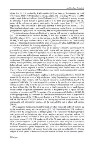 higher than 36.5 % obtained by RAPD markers [10] and lower to that obtained by ISSR
(74.7 %) and AFLP (78.5 %) markers in bitter gourd [12, 13]. The average PIC value of STMS
markers was 0.369 which is higher than 0.22 obtained by AFLP markers [13] pointing towards
the efficiency of these markers in genetic analysis of the bitter gourd germplasm. The PIC
values of the polymorphic primers designed in the study ranged from 0.139 to 0.775,
respectively. These are similar to previously reported in bitter gourd and melon [17, 19].
These newly developed markers are thus efficient in evaluating genetic diversity in bitter gourd
germplasm and highly useful for constructing SSR-based genetic map in bitter gourd.
The informativeness of microsatellites tends to increase with increase in number of repeats
[53]. This was observed for the locus McSSR_20 with the core repeat (TCT)9 which had a
high PIC value of 0.775. However, the markers at the loci McSSR_47, McSSR_55, and
McSSR_56 with repeat number n=4 and at McSSR_54 with repeat number n=2 were equally
capable of detecting polymorphism in bitter gourd accessions, revealing that SSR length is not
necessarily a benchmark for detecting polymorphism [54].
The UPGMA-derived dendrogram based on the Jaccard’s similarity clustering pattern
generated three major clusters and three small clusters with two to three genotypes each.
Although the clusters could not be defined on basis of the morphological characters (data not
shown), most exotic and indigenous accessions fell in two distinct groups (Fig. 2). The PIC
(0.139 to 0.775) and expected heterozygosity (0.140 to 0.783) values of these newly developed
co-dominant SSR markers indicate their usefulness in solving issues related to genotype
identity, variety protection, and hybrid seed purity testing. An analysis of a subset of 15
Indian-released varieties based on these SSR markers indeed proves the efficiency of the 28
polymorphic markers amplified at ten loci in discriminating these varieties from each other
(Fig. 3). These newly developed SSR markers would benefit in discriminating the varieties
during plant variety protection processes.
Sequence comparison of the alleles amplified in different varieties at the locus McSSR_54
shows that the allelic variation of 4 bp leading to a 169 bp fragment in the varieties Priya and
Kashi Urvashi when compared with Pusa Vishesh was due to a indel of the bases CATA in the
repeat motif (ATCAT)n (Fig. 6a) whereas allelic variation at the same locus across the species
showed an indel of 8 bp in all the six Momordica species when compared with M. charantia
var Pusa Vishesh (Fig. 6b). The allelic variation at this locus may be due to indel slippage
which is length independent of the repeat array and is thought to operate at repeats with few
repetitions at a constant rate [55]. Comparison of the sequences amplified at locus McSSR_20
in nine genotypes (Fig. 6c) shows that the variation between the alleles is due to 9-bp indel in
the flanking region of the (TCT)9 repeat, leading to a 205-bp fragment in genotype Preeti,
DBG-3, DBG-9, and EC620326. Indels in the flanking regions have been reported to cause
interspecific and intraspecific variations at the microsatellite loci in plants and animals
[56–59].
DNA sequences flanking microsatellite motifs are often conserved, and SSR markers are
highly transferable among species and genera [60, 54]. Transferability of SSR markers to
species within the same genus and to different genera of the same family has been reported in
many crops such as Arabidopsis, rice, wheat, sorghum, soybean, sugarcane, and oat [58,
61–66]. SSR markers developed in bitter gourd have been successfully transferred across
species and genera [15–17]. SSR markers at 40 of the 51 tested loci were transferable to six
other Momordica species, i.e., M. cymbalaria, M. subangulata subsp. renigera, M. balsamina,
M. dioca, M. cochinchinesis, and M. sahyadrica. The transferability of the bitter gourd markers
to various Momordica species ranged from 32.5 % to 75 % which is much more than the
across-genera transferability of markers from bottle gourd and cucumber [18, 20]. Cluster
analysis of seven species of Momordica based on these 40 loci show that the dioecious species:
Appl Biochem Biotechnol
 