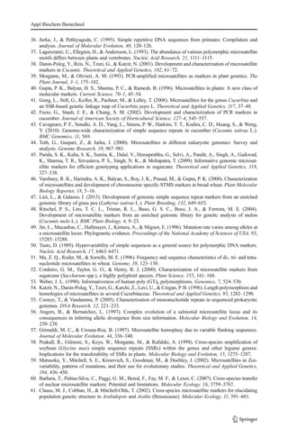 36. Jurka, J., & Pethiyagoda, C. (1995). Simple repetitive DNA sequences from primates: Compilation and
analysis. Journal of Molecular Evolution, 40, 120–126.
37. Lagercrantz, U., Ellegren, H., & Andersson, L. (1993). The abundance of various polymorphic microsatellite
motifs differs between plants and vertebrates. Nucleic Acid Research, 21, 1111–1115.
38. Danin-Poleg, Y., Reis, N., Tzuri, G., & Katzir, N. (2001). Development and characterization of microsatellite
markers in Cucumis. Theoretical and Applied Genetics, 102, 61–72.
39. Morgante, M., & Olivieri, A. M. (1993). PCR-amplified microsatellites as markers in plant genetics. The
Plant Journal, 3–1, 175–182.
40. Gupta, P. K., Balyan, H. S., Sharma, P. C., & Ramesh, B. (1996). Microsatellites in plants: A new class of
molecular markers. Current Science, 70–1, 45–54.
41. Gong, L., Stift, G., Kofler, R., Pachner, M., & Lelley, T. (2008). Microsatellites for the genus Cucurbita and
an SSR-based genetic linkage map of Cucurbita pepo L. Theoretical and Applied Genetics, 117, 37–48.
42. Fazio, G., Staub, J. E., & Chung, S. M. (2002). Development and characterization of PCR markers in
cucumber. Journal of American Society of Horticultural Science, 127–4, 545–557.
43. Cavagnaro, P. F., Senalki, A. D., Yang, L., Simon, P. W., Harkins, T. T., Kodira, C. D., Huang, S., & Weng,
Y. (2010). Genome-wide characterization of simple sequence repeats in cucumber (Cucumis sativus L.).
BMC Genomics, 11, 569.
44. Toth, G., Gaspari, Z., & Jurka, J. (2000). Microsatellites in different eukaryotic genomes: Survey and
analysis. Genome Research, 10, 967–981.
45. Parida, S. K., Kalia, S. K., Sunita, K., Dalal, V., Hemaprabha, G., Selvi, A., Pandit, A., Singh, A., Gaikwad,
K., Sharma, T. R., Srivastava, P. S., Singh, N. K., & Mohapatra, T. (2009). Informative genomic microsat-
ellite markers for efficient genotyping applications in sugarcane. Theoretical and Applied Genetics, 118,
327–338.
46. Varshney, R. K., Harindra, A. K., Balyan, S., Roy, J. K., Prasad, M., & Gupta, P. K. (2000). Characterization
of microsatellites and development of chromosome specific STMS markers in bread wheat. Plant Molecular
Biology Reporter, 18, 5–16.
47. Lioi, L., & Galasso, I. (2013). Development of genomic simple sequence repeat markers from an enriched
genomic library of grass pea (Lathyrus sativus L.). Plant Breeding, 132, 649–653.
48. Ritschel, P. S., Lins, T. C. L., Tristan, R. L., Buso, G. S. C., Buso, J. A., & Ferreira, M. E. (2004).
Development of microsatellite markers from an enriched genomic library for genetic analysis of melon
(Cucumis melo L.). BMC Plant Biology, 4, 9–23.
49. Jin, L., Macaubas, C., Hallmayer, J., Kimura, A., & Mignot, E. (1996). Mutation rate varies among alleles at
a microsatellite locus: Phylogenetic evidence. Proceedings of the National Academy of Sciences of USA, 93,
15285–15288.
50. Tautz, D. (1989). Hypervariability of simple sequences as a general source for polymorphic DNA markers.
Nucleic Acid Research, 17, 6463–6471.
51. Ma, Z. Q., Roder, M., & Sorrells, M. E. (1996). Frequency and sequence characteristics of di-, tri- and tetra-
nucleotide microsatellites in wheat. Genome, 39, 123–130.
52. Cordeiro, G. M., Taylor, G. O., & Henry, R. J. (2000). Characterization of microsatellite markers from
sugarcane (Saccharum spp.), a highly polyploid species. Plant Science, 155, 161–168.
53. Weber, J. L. (1990). Informativeness of human poly (GT)n polymorphisms. Genomics, 7, 524–530.
54. Katzir, N., Danin-Poleg, Y., Tzori, G., Karchi, Z., Lavi, U., & Cregan, P. B. (1996). Length polymorphism and
homologies of microsatellites in several Cucurbitaceae. Theoretical and Applied Genetics, 93, 1282–1290.
55. Coenye, T., & Vandamme, P. (2005). Characterization of mononucleotide repeats in sequenced prokaryotic
genomes. DNA Research, 12, 221–233.
56. Angers, B., & Bernatchez, L. (1997). Complex evolution of a salmonid microsatellite locus and its
consequences in inferring allelic divergence from size information. Molecular Biology and Evolution, 14,
230–238.
57. Grimaldi, M. C., & Crouau-Roy, B. (1997). Microsatellite homoplasy due to variable flanking sequences.
Journal of Molecular Evolution, 44, 336–340.
58. Peakall, R., Gilmore, S., Keys, W., Morgante, M., & Rafalski, A. (1998). Cross-species amplification of
soybean (Glycine max) simple sequence repeats (SSRs) within the genus and other legume genera:
Implications for the transferability of SSRs in plants. Molecular Biology and Evolution, 15, 1275–1287.
59. Matsuoka, Y., Mitchell, S. E., Kresovich, S., Goodman, M., & Doebley, J. (2002). Microsatellites in Zea-
variability, patterns of mutations, and their use for evolutionary studies. Theoretical and Applied Genetics,
104, 436–450.
60. Barbara, T., Palma-Silva, C., Paggi, G. M., Bered, F., Fay, M. F., & Lexer, C. (2007). Cross-species transfer
of nuclear microsatellite markers: Potential and limitations. Molecular Ecology, 16, 3759–3767.
61. Clauss, M. J., Cobban, H., & Mitchell-Olds, T. (2002). Cross-species microsatellite markers for elucidating
population genetic structure in Arabidopsis and Arabis (Brassicaeae). Molecular Ecology, 11, 591–601.
Appl Biochem Biotechnol
 